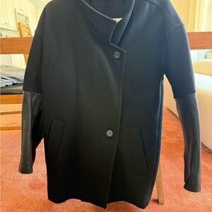 All Saints Black Pea Coat with Leather Sleeves